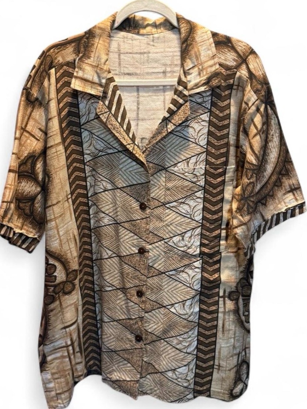 Vintage 1970s Hawaiian Barkcloth Camp Shirt - Tapa Tribal Print